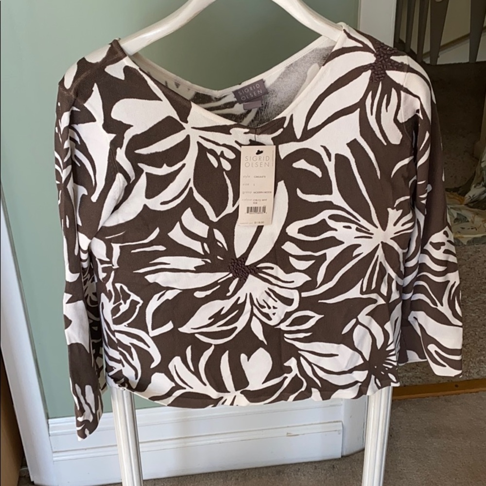 Brown and White Printed Cotton Sweater